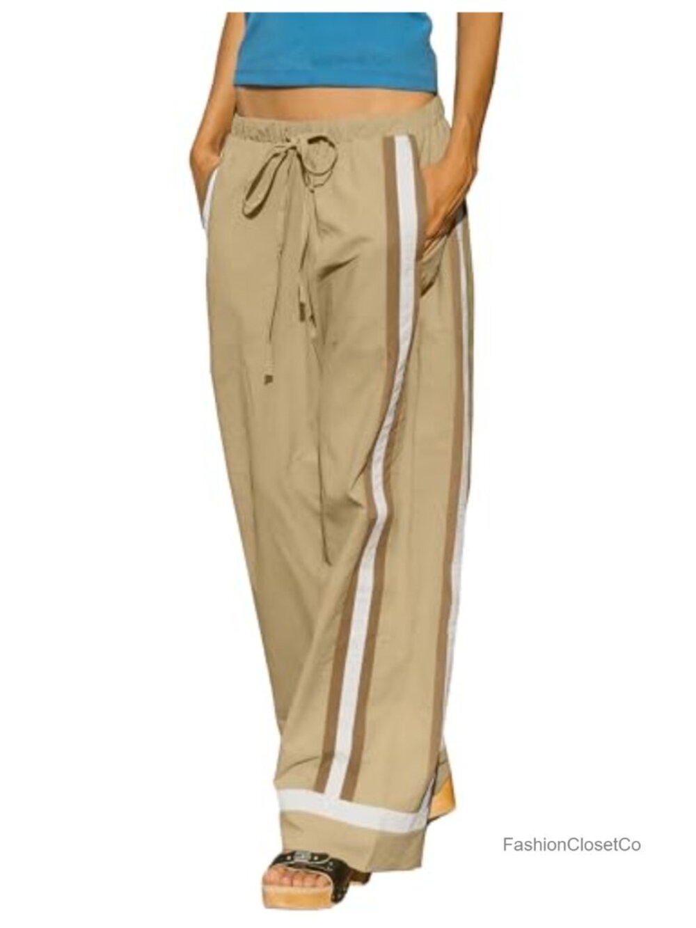 Wide Leg Stripe Track Pants Drawstring Waist Rayon Spandex